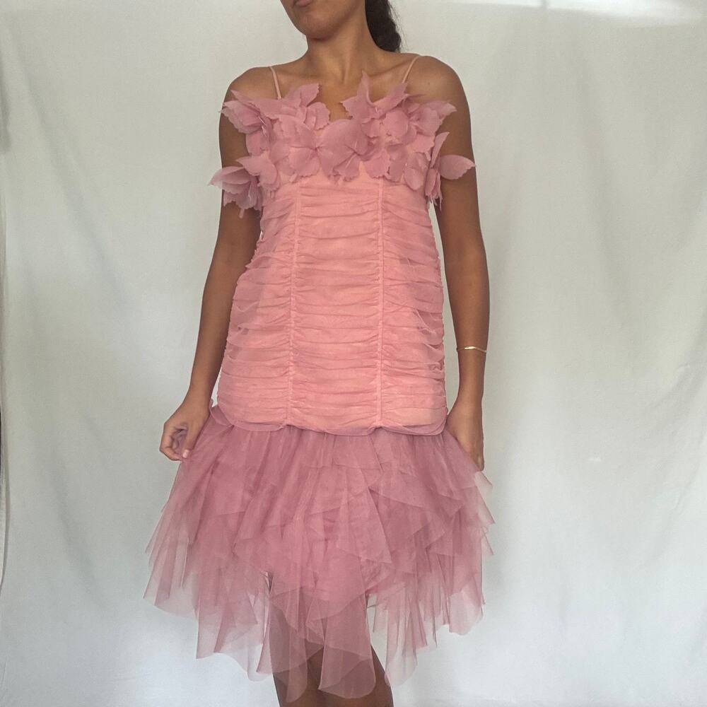 Oia Studios Pink 3D Floral Appliqué Ruched Mesh Cami Top